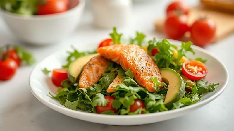 Photorealistic image of a vibrant, healthy arugula salad with smoked salmon, avocado, cherry tomatoes, and a light lemon-dill dressing, artfully arranged on a white ceramic plate, professional photography, 8K, cinematic lighting, sharp focus on the ingredients, depth of field blurring a minimalist kitchen background, shot on a high-end DSLR, appetizing and fresh.