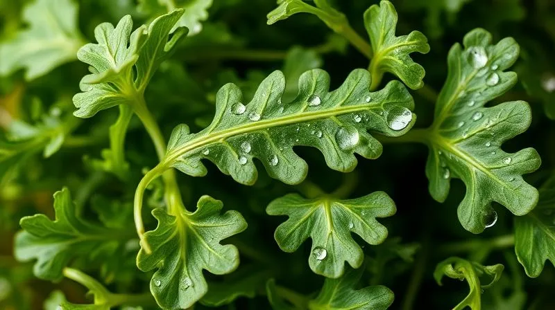 A vibrant, close-up photorealistic image of fresh, crisp arugula leaves with water droplets, professionally lit, sharp focus, 8K hyper-detailed, shot on a high-end DSLR.