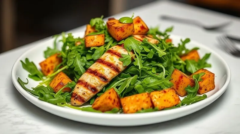 A gourmet photorealistic close-up of a perfectly plated arugula salad with grilled chicken and roasted sweet potato cubes, drizzled with a light dressing. The dish is presented on a modern white plate, against a soft, blurred background, professional food photography, 8K, cinematic lighting, sharp focus, depth of field.