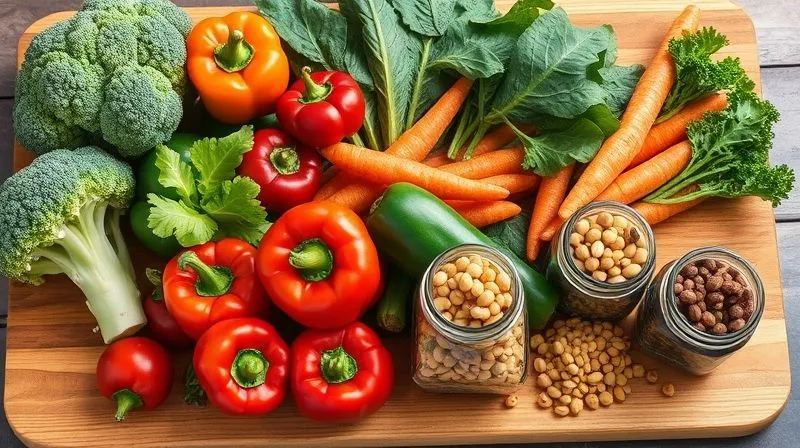 A vibrant, professional photography shot of a wooden cutting board overflowing with fresh, colorful vegetables rich in fiber: broccoli florets, kale leaves, spinach, red bell peppers, carrots, and various types of beans and lentils in small glass jars. The vegetables are artfully arranged, showcasing their natural beauty and freshness, with natural light illuminating them. Sharp focus on the foreground vegetables, depth of field blurring the background, 8K hyper-detailed, shot on a high-end DSLR, inviting and healthy atmosphere.