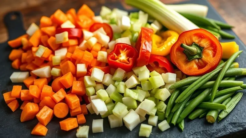 A close-up, photorealistic image of a vibrant medley of chopped vegetables ready for a soup: carrots, celery, parsnips, leeks, bell peppers (red, yellow, green), and green beans, all neatly arranged on a dark slate cutting board. The colors are rich and inviting, and the textures are crisp and fresh. Natural light highlights the details of each vegetable. Sharp focus on the chopped vegetables, depth of field blurring a rustic kitchen background, 8K hyper-detailed, shot on a high-end DSLR, emphasizing freshness and preparation.