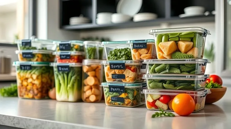 A professional photography shot of a perfectly organized kitchen counter with various meal prep containers filled with homemade cabbage soup and other healthy ingredients. The containers are neatly stacked, some labeled, with fresh ingredients like herbs and whole vegetables visible around them. The lighting is bright and clean, emphasizing order and health. Sharp focus on the meal prep containers, depth of field blurring the background kitchen, 8K hyper-detailed, shot on a high-end DSLR, conveying efficiency and healthy lifestyle.