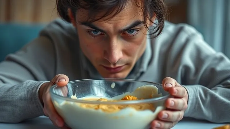 A sad person looking at an empty bowl after eating, feeling unsatisfied, soft lighting, professional photography, 8K, cinematic lighting, sharp focus, depth of field, shot on a high-end DSLR