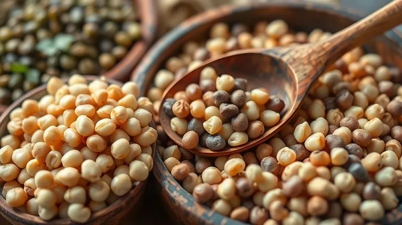 A close-up shot of various dried legumes (lentils, chickpeas, beans) in rustic bowls, with a wooden spoon, suggesting healthy ingredients, professional photography, 8K, cinematic lighting, sharp focus, depth of field, shot on a high-end DSLR