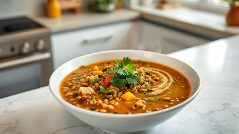 A beautifully plated, steaming bowl of a hearty vegetable and lentil soup, with a swirl of olive oil and fresh parsley, on a clean, modern kitchen counter, professional photography, 8K, cinematic lighting, sharp focus, depth of field, shot on a high-end DSLR