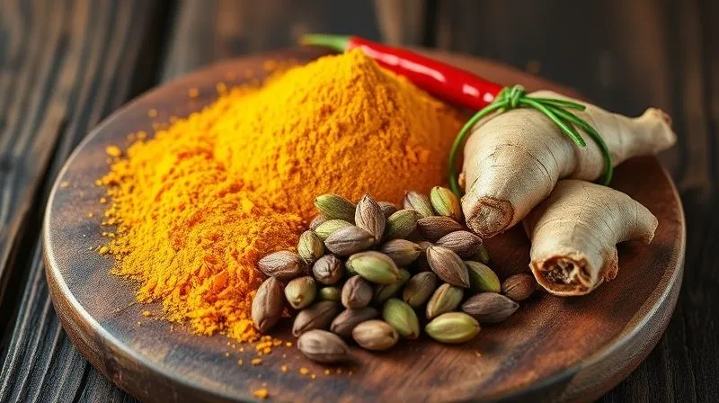 A photorealistic, professional photography shot of a vibrant array of Indian spices on a rustic wooden board: bright yellow turmeric powder, red chili flakes, green cardamom pods, whole cumin seeds, and a fresh ginger root. Cinematic lighting highlights the rich colors and textures, sharp focus on the spices, depth of field blurring the background, 8K hyper-detailed, shot on a high-end DSLR.