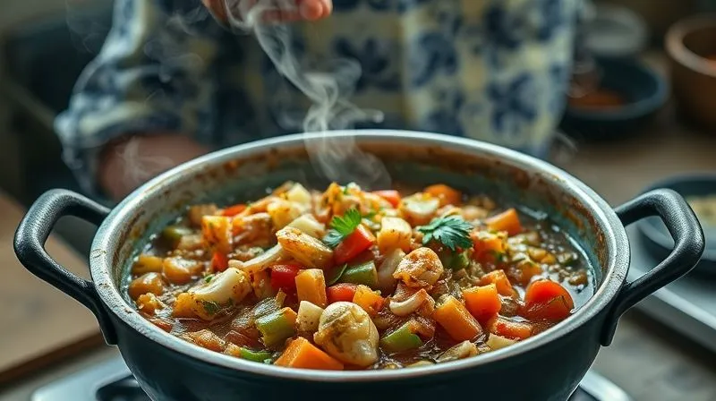 A photorealistic, professional photography shot capturing the cooking process of vegetable curry in a large, rustic pot. Steam rises gently, highlighting the vibrant colors of sautéing onions, garlic, ginger, and various chopped vegetables. Cinematic lighting creates a warm, inviting atmosphere, sharp focus on the ingredients in the pot, depth of field blurring the background kitchen, 8K hyper-detailed, shot on a high-end DSLR.