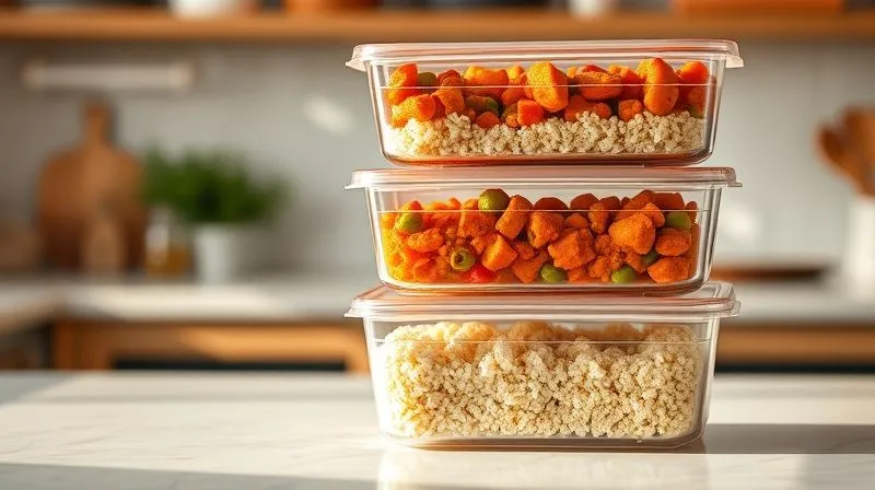 A photorealistic, professional photography shot of neatly organized meal prep containers filled with vibrant vegetable curry and separate portions of quinoa or cauliflower rice. The containers are stacked on a clean kitchen counter, bathed in soft, natural light, conveying efficiency and healthy lifestyle. Sharp focus on the food, depth of field blurring the background, 8K hyper-detailed, shot on a high-end DSLR.
