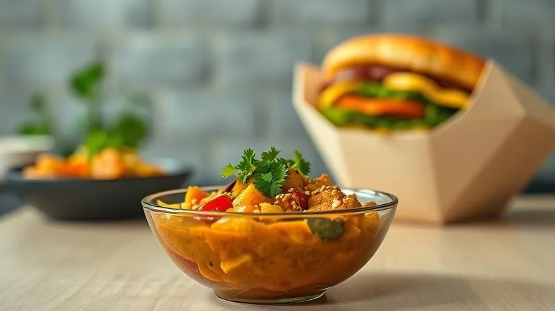 A photorealistic, professional photography shot of a perfectly portioned, healthy vegetable curry bowl, garnished with fresh cilantro and a sprinkle of seeds, on a minimalist dining table. The image contrasts with a blurred background showing an oversized, unhealthy fast-food meal, metaphorically representing the common diet pitfalls. Cinematic lighting, sharp focus on the healthy curry, depth of field, 8K hyper-detailed, shot on a high-end DSLR.