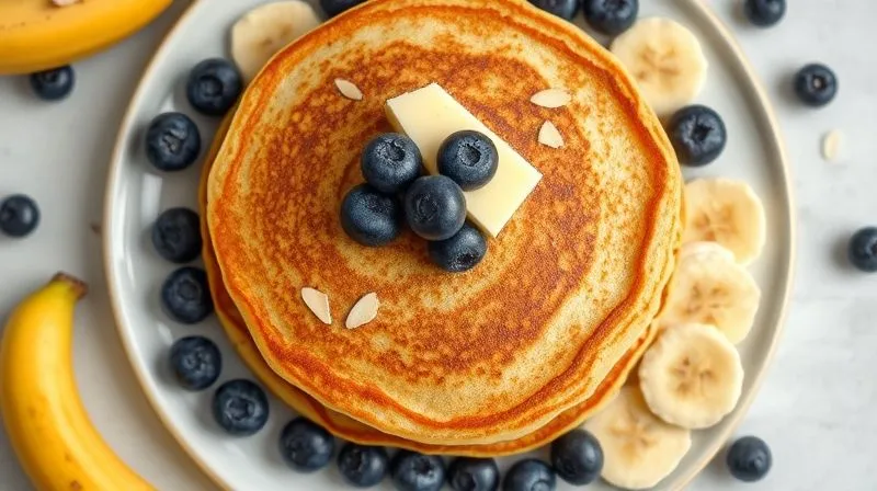 Photorealistic overhead shot of a perfectly cooked, golden-brown banana pancake on a plate, surrounded by fresh blueberries, sliced bananas, and a drizzle of almond butter. The composition is clean and inviting, with soft, diffused lighting. 8K, sharp focus.