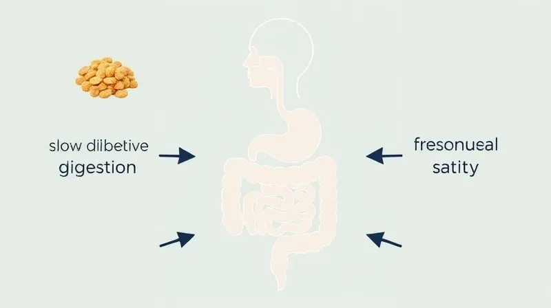 A stylized, photorealistic infographic showing a simplified digestive system, with arrows illustrating the slow digestion of fiber and protein, leading to prolonged satiety. Clean, scientific aesthetic with soft lighting. 8K, sharp focus.