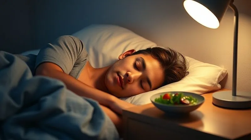A person peacefully sleeping in a minimalist, cozy bedroom, with soft, ambient lighting. On a nearby nightstand, a subtle, ethereal glow emanates from a healthy, light meal (like a small, elegant salad or a fruit bowl) suggesting its positive impact on sleep and well-being. Photorealistic, professional photography, 8K, cinematic lighting, sharp focus on the sleeping person's calm expression, depth of field blurring the background, shot on a high-end DSLR, serene and comforting atmosphere.