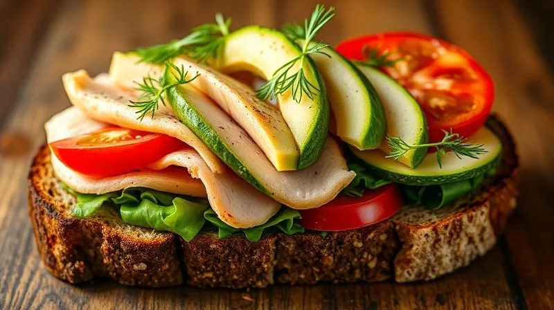 A vibrant, open-faced sandwich artfully arranged on a single slice of dark rye bread. Toppings include thin slices of roasted turkey breast, fanned slices of ripe avocado (lightly spritzed with lemon juice), a bed of fresh arugula, and colorful slices of cherry tomatoes and cucumber. The sandwich is garnished with fresh dill and black pepper. Photorealistic, professional photography, 8K, cinematic lighting, sharp focus on the textures and colors of the food, depth of field blurring the background, shot on a high-end DSLR, appetizing and healthy.