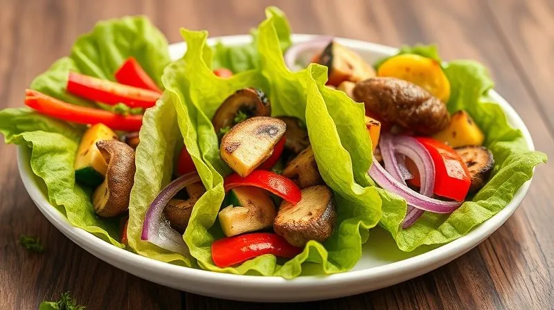 Fresh, crisp lettuce wraps generously filled with creamy hummus and a colorful medley of perfectly grilled vegetables (bell peppers, zucchini, mushrooms, red onion). The wraps are arranged aesthetically on a light-colored plate, garnished with fresh sprouts. Photorealistic, professional photography, 8K, cinematic lighting, sharp focus on the vibrant colors and fresh textures, depth of field blurring the background, shot on a high-end DSLR, fresh and inviting.
