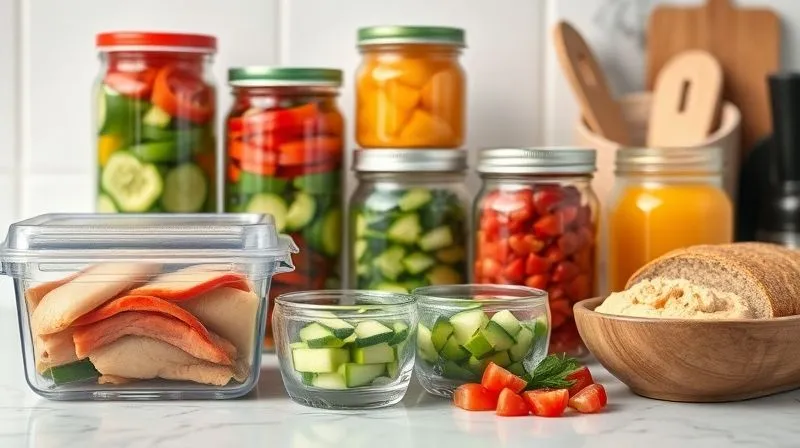 A neatly organized kitchen counter with various healthy ingredients prepared for sandwich making: pre-cooked chicken breast slices in a container, chopped colorful vegetables (bell peppers, cucumbers, cherry tomatoes) in glass jars, a bowl of homemade hummus, and whole-grain bread. The scene is bright and clean, suggesting efficiency and healthy living. Photorealistic, professional photography, 8K, cinematic lighting, sharp focus on the organized containers, depth of field blurring the background, shot on a high-end DSLR, inspiring and practical.