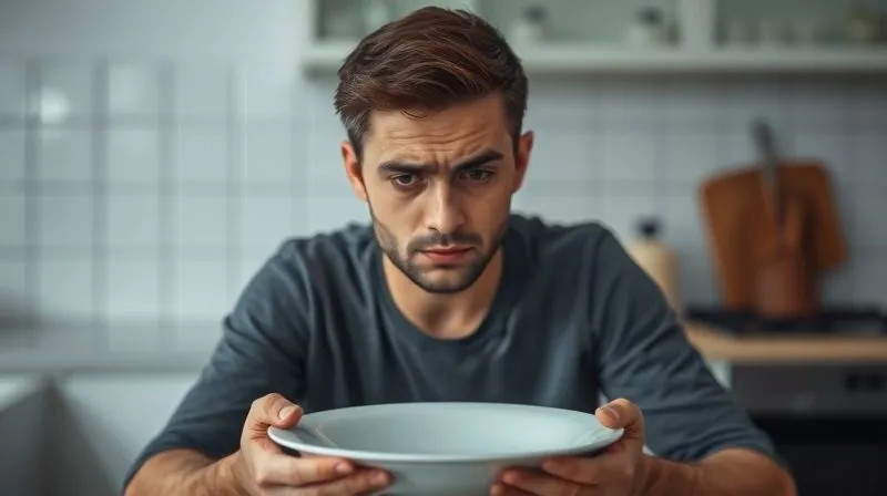 A sad person looking at an empty plate, feeling hungry and frustrated, in a minimalistic kitchen. photorealistic, professional photography, 8K, cinematic lighting, sharp focus, depth of field, shot on a high-end DSLR, emotional, conveying struggle.