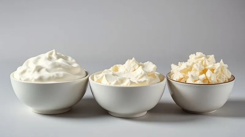 A professional, photorealistic studio shot of three different types of cottage cheese: a bowl of smooth, white low-fat quark cheese, a bowl of slightly creamier semi-skimmed cottage cheese, and a bowl of granular cottage cheese with distinct curds. Each bowl is clearly labeled and presented on a clean, minimalist background with soft, even lighting. 8K, cinematic lighting, sharp focus, depth of field, shot on a high-end DSLR.