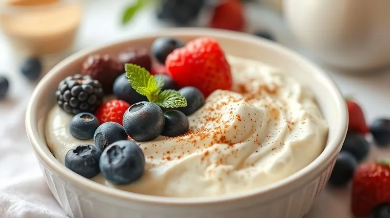 A photorealistic, professional photography shot of a vibrant, appealing sweet cottage cheese breakfast. A bowl of creamy cottage cheese is topped with a generous portion of fresh or lightly thawed mixed berries (blueberries, raspberries, blackberries), a sprinkle of cinnamon, and a few delicate mint leaves. The setting is bright and airy, with a focus on the fresh ingredients and inviting texture. 8K, cinematic lighting, sharp focus, depth of field, shot on a high-end DSLR.