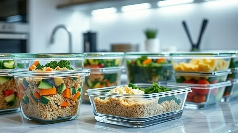 A professional, photorealistic image of a neatly organized meal prep station in a modern kitchen. Several glass containers are filled with pre-portioned healthy meals, prominently featuring a container with cottage cheese and chopped vegetables. Other containers might show grilled chicken with quinoa and broccoli, or a vibrant salad. The lighting is bright and clean, emphasizing freshness and organization. 8K, cinematic lighting, sharp focus, depth of field, shot on a high-end DSLR.