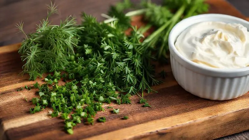 A close-up, photorealistic, professional photography shot of a rustic wooden cutting board with freshly chopped dill, chives, and parsley, next to a bowl of creamy cottage cheese and a small container of natural yogurt. Cinematic lighting, sharp focus on the fresh ingredients, depth of field blurring the background. 8K hyper-detailed, shot on a high-end DSLR.