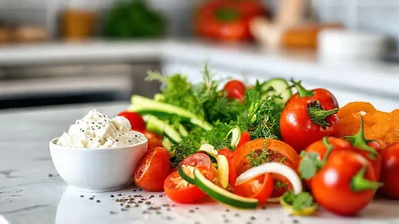 A vibrant, photorealistic, professional photography shot of a selection of fresh, colorful vegetables and herbs artfully arranged around a small bowl of cottage cheese. Include cherry tomatoes, cucumber slices, bell pepper strips, and a sprinkle of chia seeds. Cinematic lighting, sharp focus on the variety of healthy ingredients, depth of field blurring a clean kitchen counter. 8K hyper-detailed, shot on a high-end DSLR.