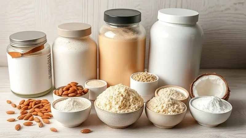 A professional photography shot of various protein powders (whey, casein, plant-based) in elegant containers, alongside small bowls of almond flour, oat flour, and coconut flour, neatly arranged on a light wooden background. Cinematic lighting, sharp focus on the textures, depth of field. 8K hyper-detailed, shot on a high-end DSLR.