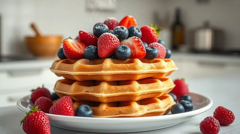 A photorealistic, professional photography shot of a perfectly plated stack of protein waffles, topped with a vibrant array of fresh berries (strawberries, blueberries, raspberries), a light dusting of powdered erythritol, and a few chia seeds. The background is a clean, minimalist kitchen counter. Cinematic lighting, sharp focus on the toppings, depth of field. 8K hyper-detailed, shot on a high-end DSLR.