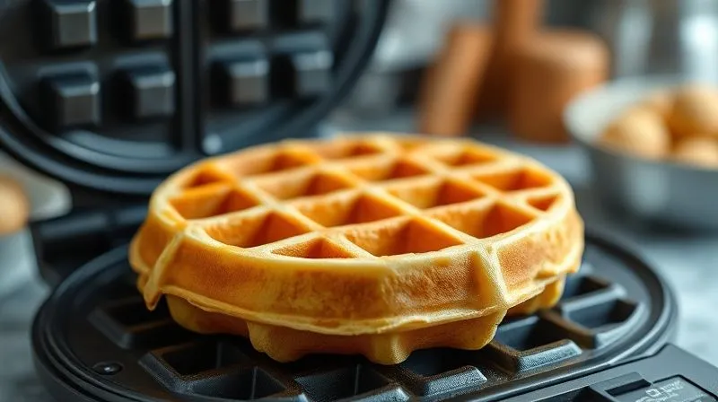 A photorealistic, professional photography shot of a single, perfectly golden-brown protein waffle, fresh out of the waffle iron, with steam gently rising. The focus is sharp on the waffle's texture, showing its fluffiness. The background is a slightly blurred, clean kitchen environment. Cinematic lighting, depth of field. 8K hyper-detailed, shot on a high-end DSLR.