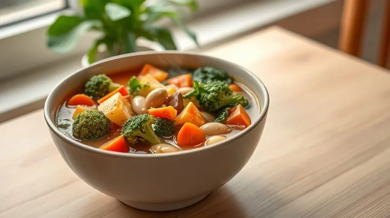 Photorealistic, professional photography, 8K, cinematic lighting, sharp focus, depth of field, shot on a high-end DSLR. A vibrant, colorful bowl of rich vegan vegetable soup, brimming with visible chunks of broccoli, carrots, spinach, and kidney beans, steam gently rising. The focus is on the textures and freshness of the vegetables, emphasizing health and satiety. Soft, natural light from a window highlights the bowl on a light wooden table.