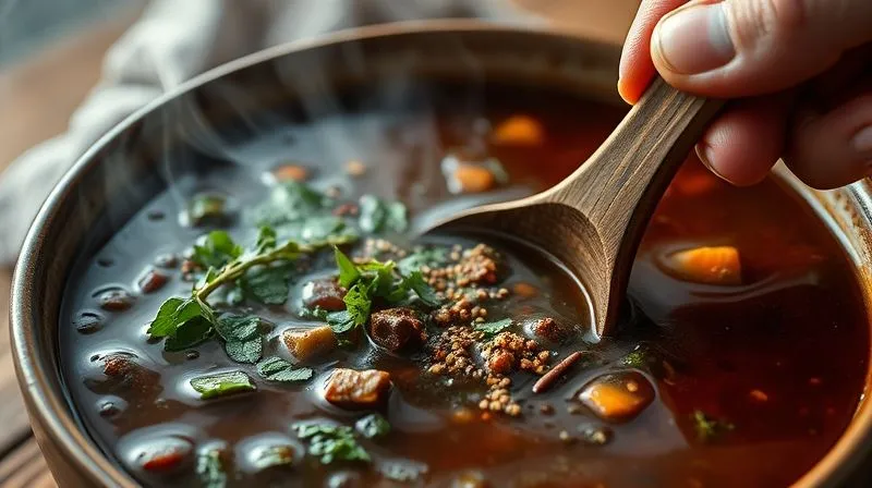 Photorealistic, professional photography, 8K, cinematic lighting, sharp focus, depth of field, shot on a high-end DSLR. A close-up of a steaming bowl of rich, dark vegan vegetable soup, garnished with fresh herbs and a sprinkle of spices, showcasing the depth of flavor. A hand is reaching to stir the soup with a wooden spoon. The background is softly blurred, focusing on the aromatic steam and inviting texture.