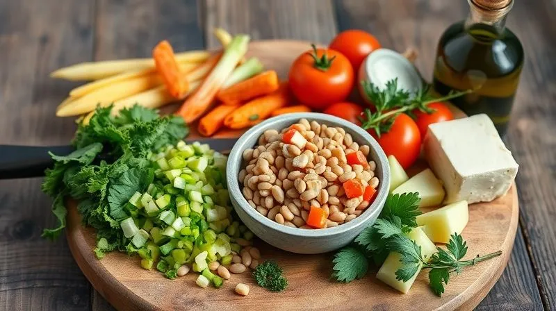 Photorealistic, professional photography, 8K, cinematic lighting, sharp focus, depth of field, shot on a high-end DSLR. A beautifully arranged set of fresh, colorful vegan soup ingredients on a rustic wooden cutting board: various chopped vegetables, lentils in a small bowl, a block of tofu, a sprig of fresh herbs, and a bottle of olive oil. The scene is clean, organized, and inviting, suggesting the ease of healthy meal preparation.