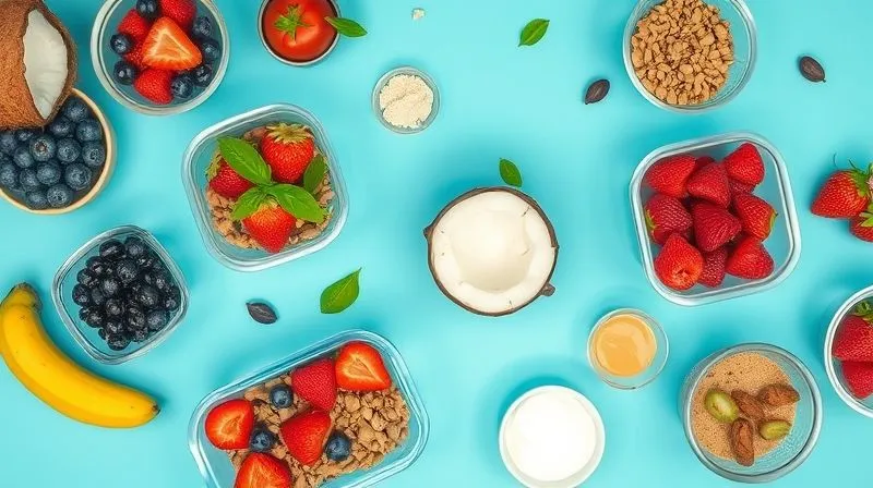 Photorealistic image of a vibrant, healthy vegan meal prep layout, with various ingredients including fresh coconut, berries, and natural sweeteners, all neatly arranged in containers, shot with soft, natural light, 8K, cinematic lighting.