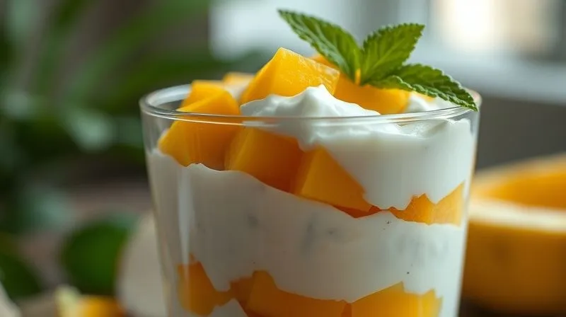 Photorealistic close-up of a beautifully layered vegan coconut parfait in a glass, topped with fresh mango and mint, soft focus on the creamy texture, 8K, cinematic lighting.
