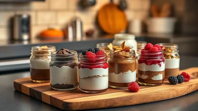 Photorealistic image of various small glass jars filled with different vegan coconut desserts, some with chocolate, some with berries, neatly arranged on a wooden board in a kitchen setting, ready for meal prep, 8K, cinematic lighting.