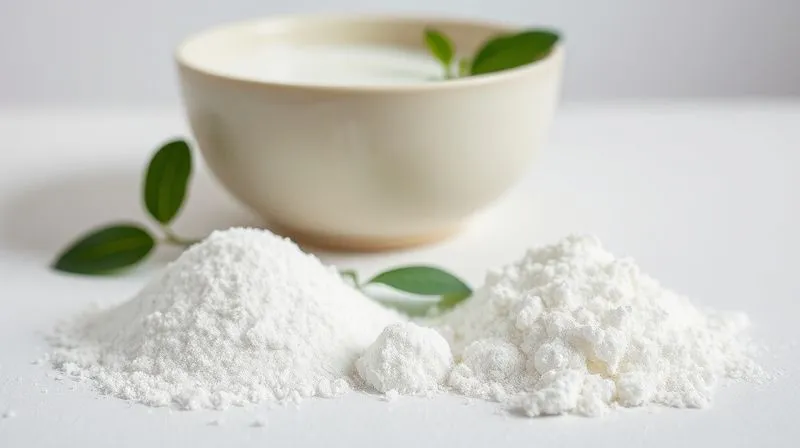 A close-up, photorealistic image of various natural sweeteners and thickeners (erythritol, stevia, agar-agar powder) neatly arranged on a minimalist white surface, with a bowl of light coconut milk in the background. Professional photography, 8K, cinematic lighting, sharp focus, depth of field, shot on a high-end DSLR.
