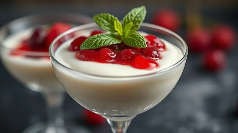 A photorealistic close-up of a beautifully set vegan coconut panna cotta in a elegant glass, topped with a vibrant red berry compote and a sprig of fresh mint. The dessert looks creamy and perfectly chilled, ready to eat. Professional photography, 8K, cinematic lighting, sharp focus, depth of field, shot on a high-end DSLR.
