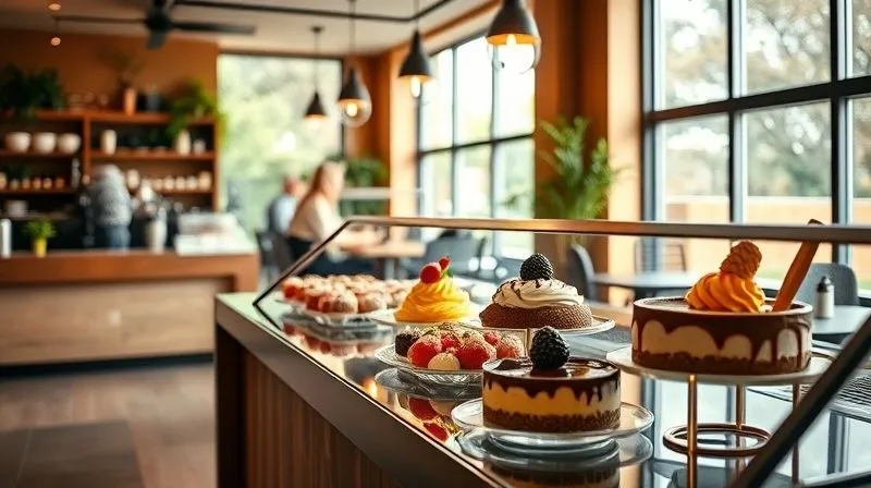 A warm and inviting interior of a modern vegan cafe, with a display counter showcasing beautifully presented, colorful vegan desserts. Natural light streams through large windows. Professional photography, 8K, cinematic lighting, sharp focus on the desserts, depth of field blurring the background, shot on a high-end DSLR.