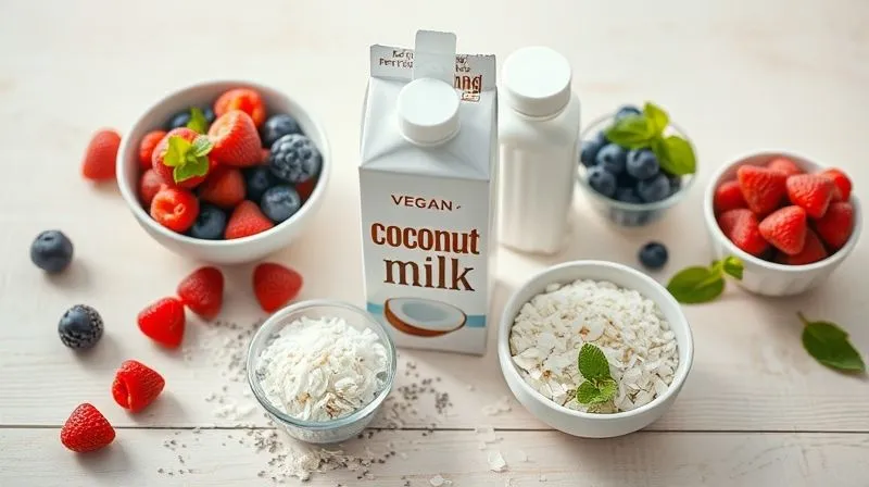 A professional photography shot of various healthy vegan dessert ingredients laid out on a clean, light wooden table. Prominently featured are a carton of light coconut milk, a bowl of erythritol, fresh berries, a handful of shredded coconut, chia seeds, and a few mint leaves. The setting is bright, airy, and inviting, with a focus on fresh, natural elements. photorealistic, professional photography, 8K, cinematic lighting, sharp focus, depth of field, shot on a high-end DSLR, clean, natural, healthy.