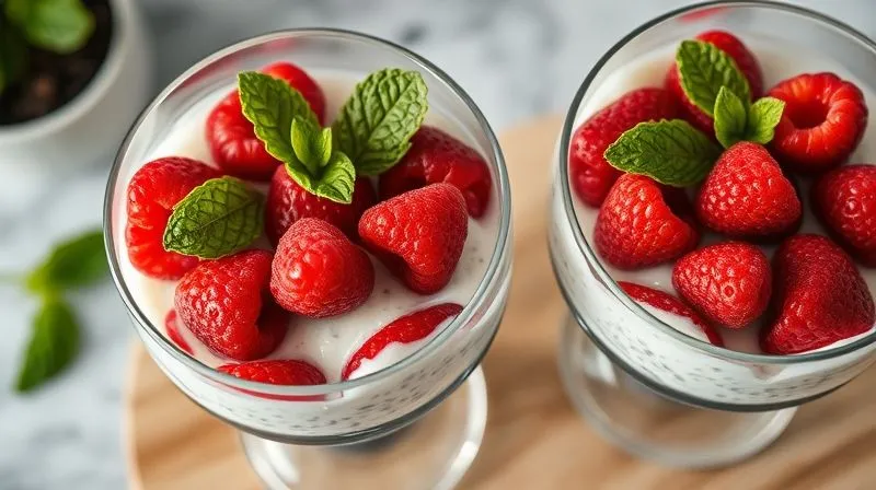 A close-up, top-down shot of two elegant glass bowls filled with a layered vegan coconut dessert. One layer is a creamy white coconut chia pudding, another is vibrant red berries (raspberries, strawberries), and a third is fresh green mint leaves. The lighting is soft and natural, emphasizing the textures and colors. The background is slightly blurred, hinting at a cozy, clean kitchen. photorealistic, professional photography, 8K, cinematic lighting, sharp focus, depth of field, shot on a high-end DSLR, appetizing, fresh, artful.