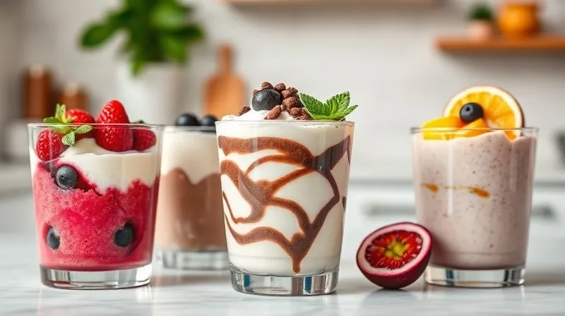 A vibrant and diverse spread of various low-calorie vegan coconut dessert variations. One glass has a berry and mint topping, another features a chocolate swirl with cocoa nibs, and a third has a tropical fruit topping (mango, passion fruit). Each dessert is artfully presented, showcasing different colors and textures. The background is a clean, modern kitchen setting with soft, diffused lighting. photorealistic, professional photography, 8K, cinematic lighting, sharp focus, depth of field, shot on a high-end DSLR, creative, delicious, healthy options.