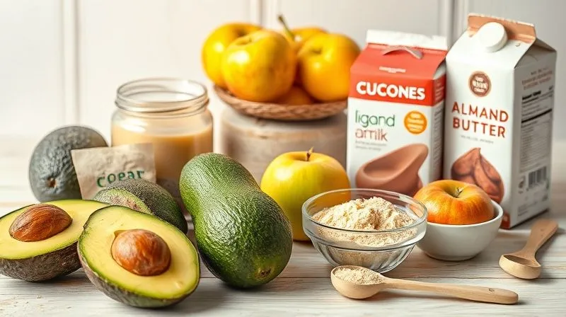 photorealistic, professional photography, 8K, cinematic lighting, sharp focus, depth of field, shot on a high-end DSLR, a variety of healthy vegan baking ingredients arranged artfully on a light wooden surface: ripe avocados, jars of almond butter, fresh apples, a bowl of cocoa powder, a carton of plant-based milk, and a measuring spoon, emphasizing natural goodness and culinary potential.