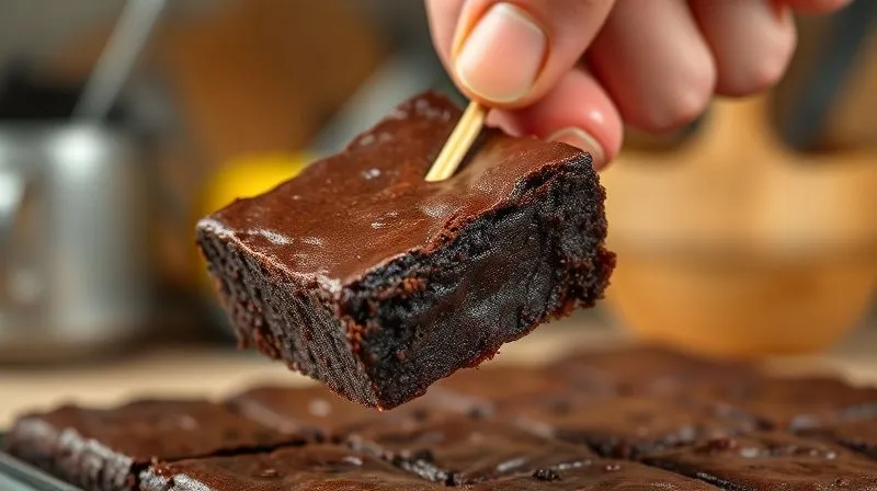 photorealistic, professional photography, 8K, cinematic lighting, sharp focus, depth of field, shot on a high-end DSLR, a close-up shot of a hand gently inserting a wooden skewer into a square of freshly baked, dark vegan brownie, with visible moist crumbs clinging to the skewer, indicating perfect doneness. The background shows a warm, inviting kitchen setting.