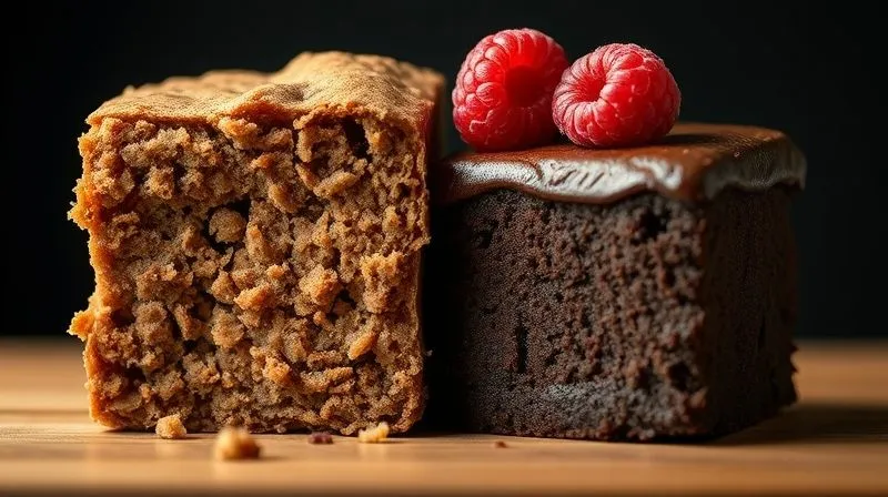 photorealistic, professional photography, 8K, cinematic lighting, sharp focus, depth of field, shot on a high-end DSLR, a before-and-after scene of vegan brownies. On one side, a dry, crumbly, light-colored brownie. On the other, a rich, dark, fudgy vegan brownie square with a glossy top, perfectly moist interior, garnished with a single fresh raspberry. The contrast is stark, highlighting the transformation.