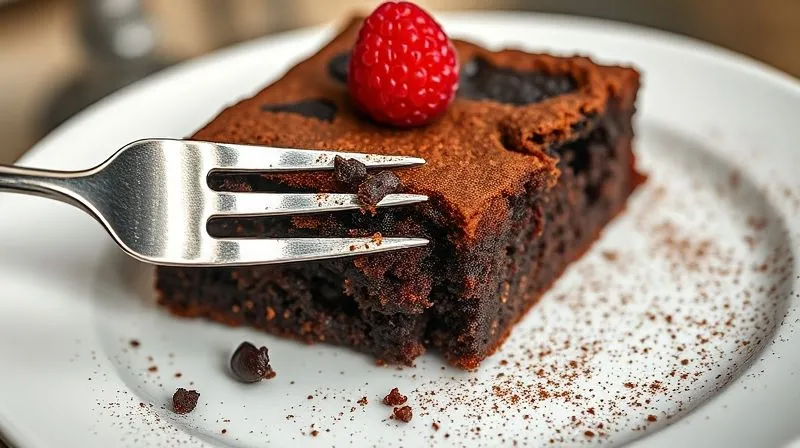 photorealistic, professional photography, 8K, cinematic lighting, sharp focus, depth of field, shot on a high-end DSLR, a generous slice of perfectly baked vegan black bean brownie, showing its dense, fudgy, moist interior. It's resting on a white plate with a single fresh raspberry on top and a light dusting of cocoa powder. A fork is poised to take a bite, emphasizing deliciousness and readiness to eat.