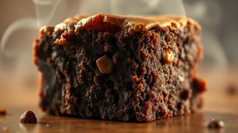 Photorealistic close-up of a perfectly baked vegan brownie, steam gently rising, with a golden-brown, slightly cracked top and a rich, fudgy interior. The lighting is warm and inviting, emphasizing its moist texture. Professional photography, 8K, cinematic lighting, sharp focus, depth of field, shot on a high-end DSLR.
