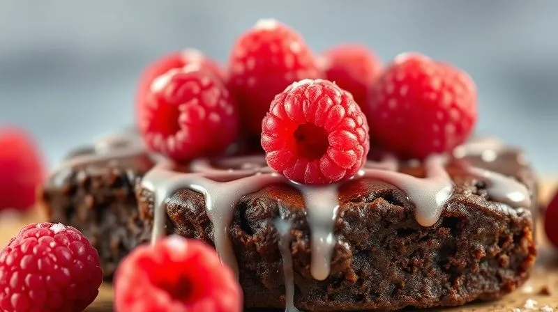 A vibrant, photorealistic image of a freshly baked vegan brownie topped with fresh raspberries and a light, sugar-free glaze drizzle. The focus is on the rich texture of the brownie and the glistening fruits. Professional photography, 8K, cinematic lighting, sharp focus, depth of field, shot on a high-end DSLR.