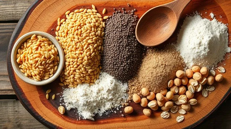 photorealistic, professional photography, 8K, cinematic lighting, sharp focus, depth of field, shot on a high-end DSLR, a close-up overhead shot of various vegan binding ingredients artfully arranged on a rustic wooden board: a small bowl of golden flax seeds, a pile of ground chia seeds, a spoonful of psyllium husk, a bowl of chickpea flour, and scattered rolled oats. The lighting is warm and natural, highlighting the textures and earthy tones of the ingredients.