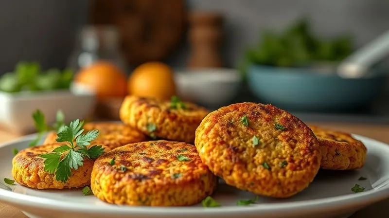 photorealistic, professional photography, 8K, cinematic lighting, sharp focus, depth of field, shot on a high-end DSLR, a close-up shot of perfectly golden-brown, crispy vegan lentil patties arranged neatly on a serving plate, garnished with fresh herbs. Steam is subtly rising, indicating warmth. The background is a gently blurred, inviting kitchen setting, suggesting a healthy and delicious meal ready to be enjoyed.