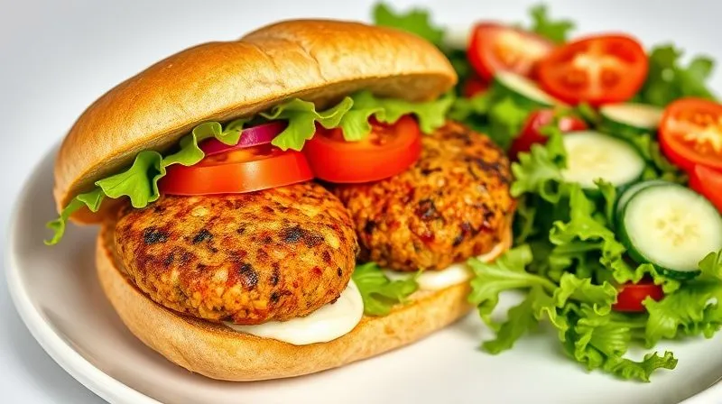 photorealistic, professional photography, 8K, cinematic lighting, sharp focus, depth of field, shot on a high-end DSLR, a vibrant and healthy serving suggestion for vegan lentil patties. Two perfectly formed, golden-brown patties are nestled in a whole-wheat bun with fresh lettuce, tomato, red onion, and a creamy vegan sauce, served alongside a colorful side salad with mixed greens, cherry tomatoes, and cucumber. The setting is bright and inviting, emphasizing freshness and deliciousness.