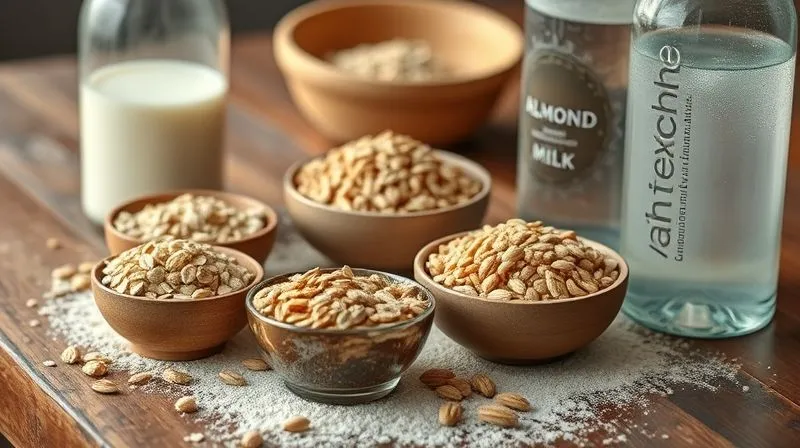 Photorealistic, professional photography, 8K, cinematic lighting, sharp focus, depth of field, shot on a high-end DSLR. A close-up of various types of vegan flour (oat, whole wheat, buckwheat) in small, elegant bowls, next to a glass of unsweetened almond milk and a bottle of sparkling water, all bathed in soft natural light on a rustic wooden table, conveying a sense of wholesome ingredients and healthy choices.